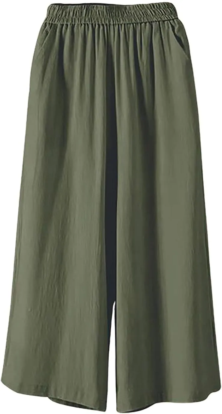 Capri Pants for Women Cotton Linen Summer Pants Wide Leg Pants Elastic Waist Pants Cropped Trouser with Pockets