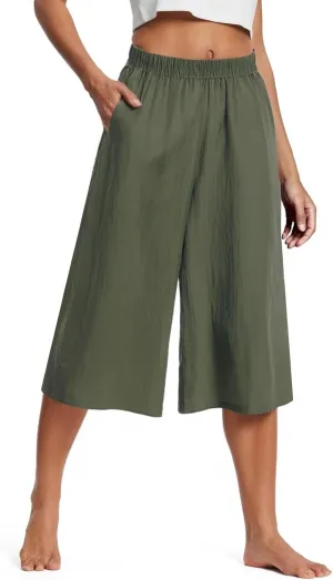 Capri Pants for Women Cotton Linen Summer Pants Wide Leg Pants Elastic Waist Pants Cropped Trouser with Pockets