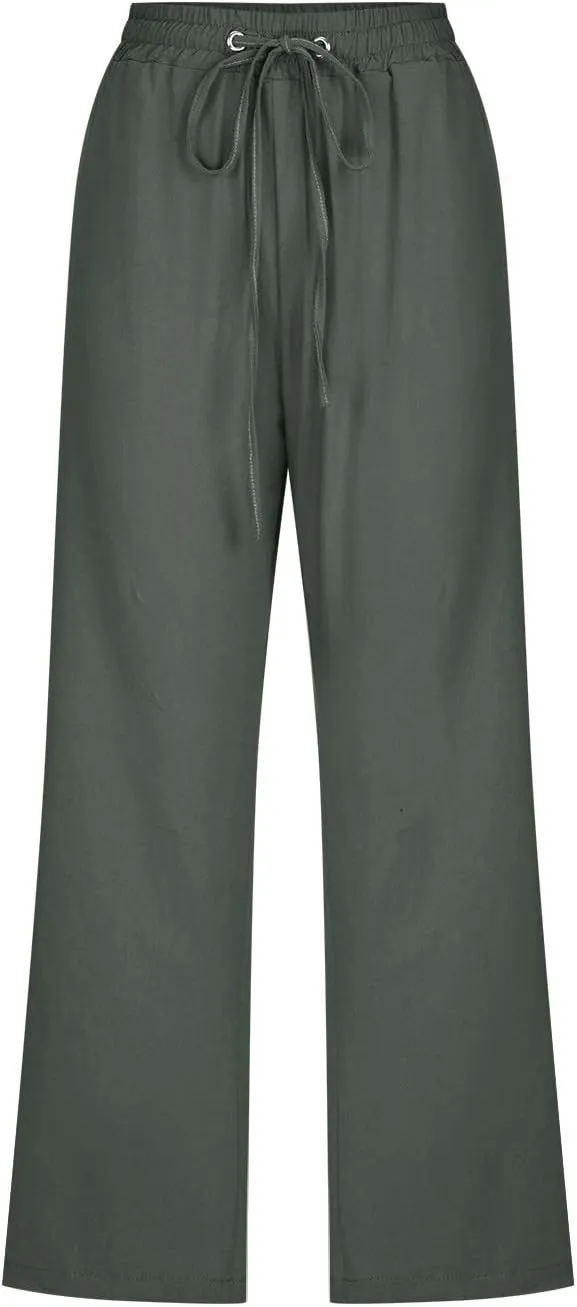 Capri Pants for Women Linen Pants Summer Casual Drawstring Elastic Waist Straight Cropped Trouser with Pockets