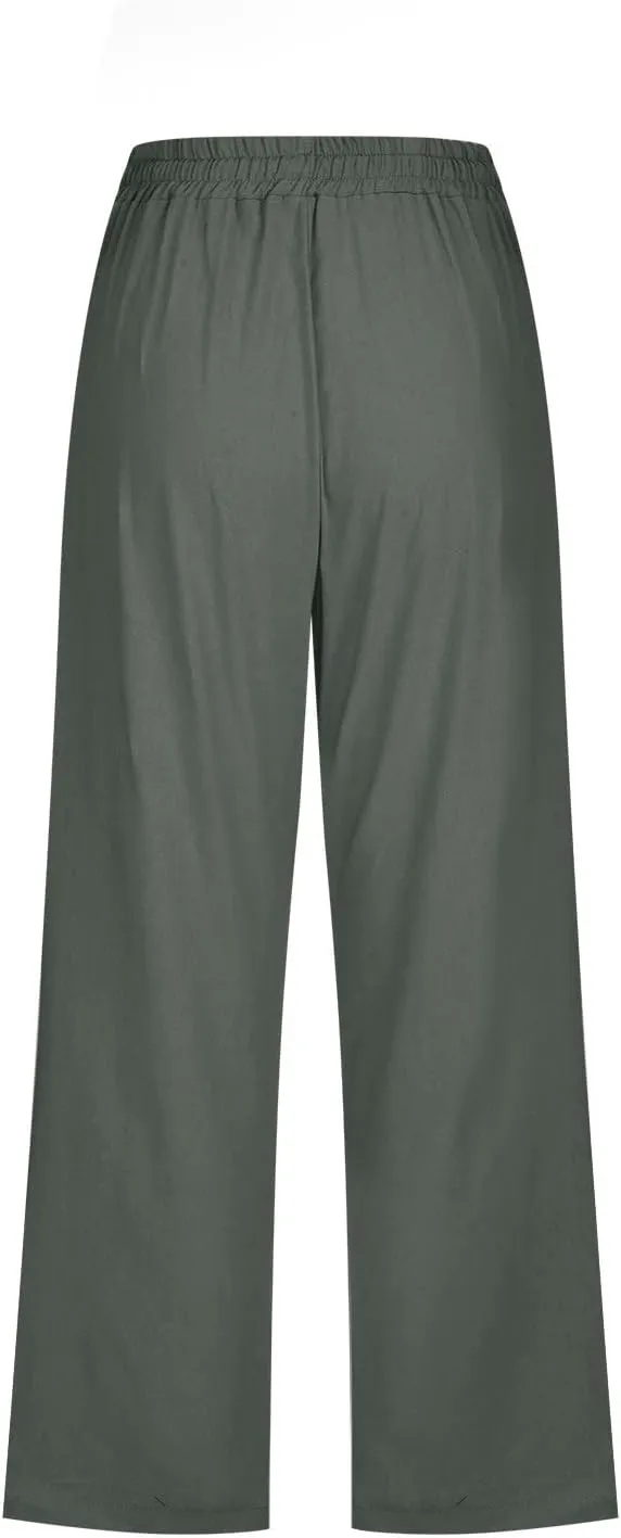 Capri Pants for Women Linen Pants Summer Casual Drawstring Elastic Waist Straight Cropped Trouser with Pockets