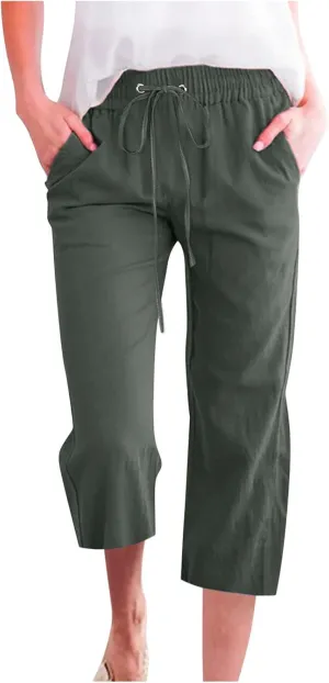 Capri Pants for Women Linen Pants Summer Casual Drawstring Elastic Waist Straight Cropped Trouser with Pockets