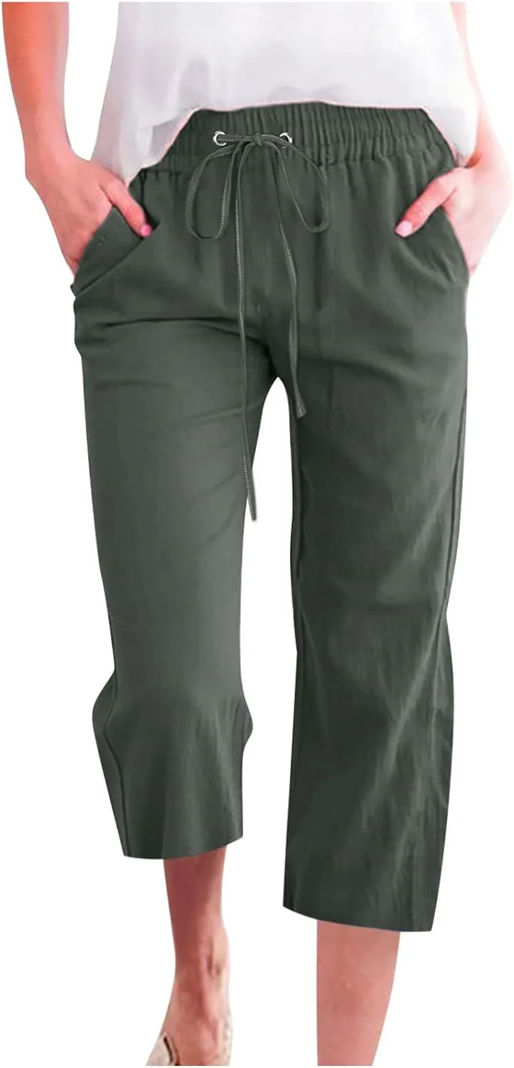 Capri Pants for Women Linen Pants Summer Casual Drawstring Elastic Waist Straight Cropped Trouser with Pockets