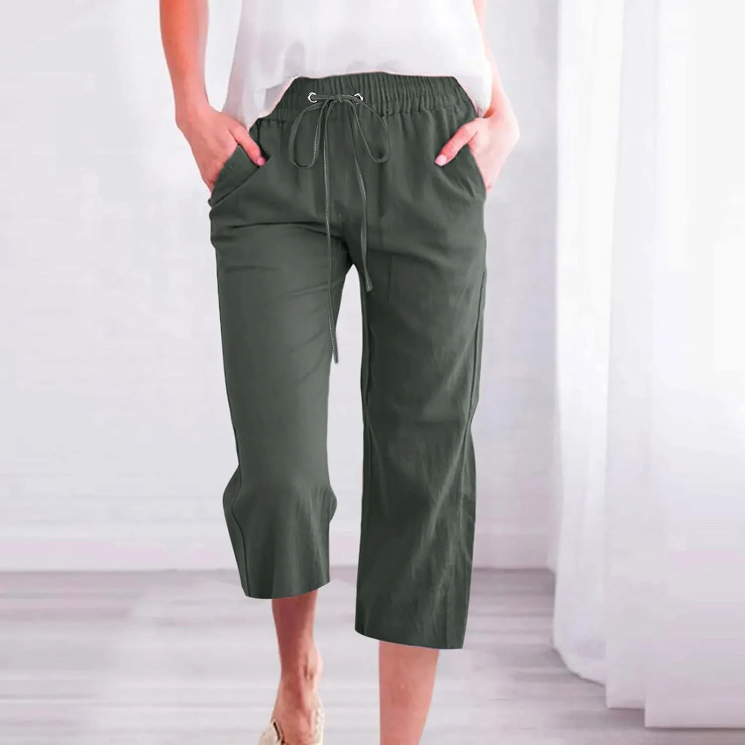 Capri Pants for Women Linen Pants Summer Casual Drawstring Elastic Waist Straight Cropped Trouser with Pockets