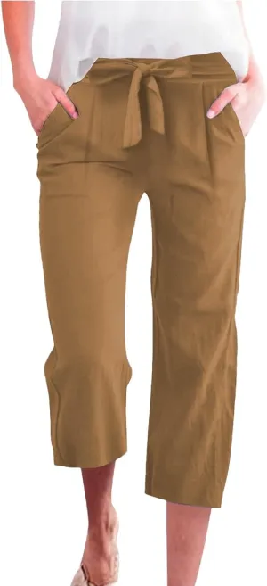 Capri Pants for Women Plus Size Linen Gaucho Pants with Knot Tie Casual Summer Crop Wide Leg Trousers Beach Outfits