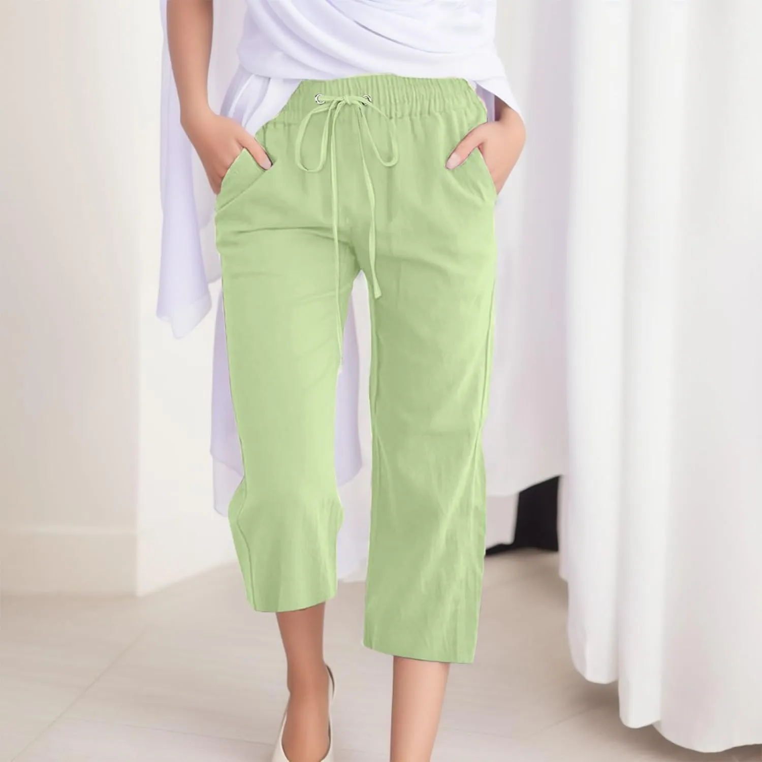 Capris Pants for Women Cotton Linen Casual Summer 2025 Straight Leg Cropped Trouser Drawstring Elastic Waist Beach Pants