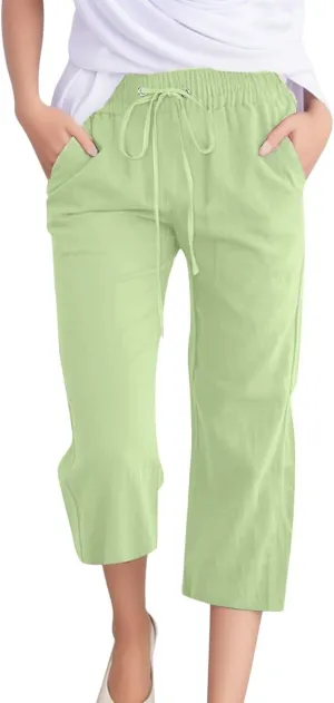 Capris Pants for Women Cotton Linen Casual Summer 2025 Straight Leg Cropped Trouser Drawstring Elastic Waist Beach Pants