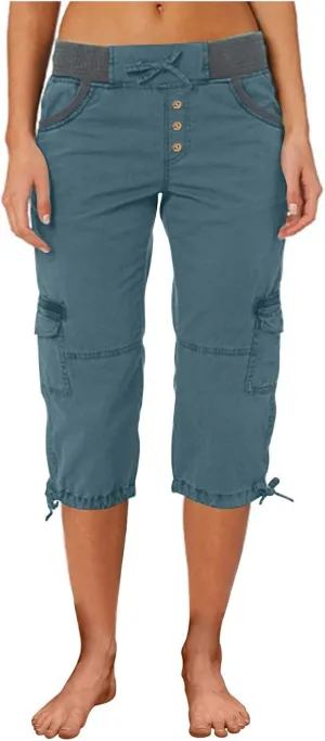 Cargo Pants Women High Waist Drawstring Splice Cropped Trousers Outdoor Workout Summer Sweatpants with Multi Pockets