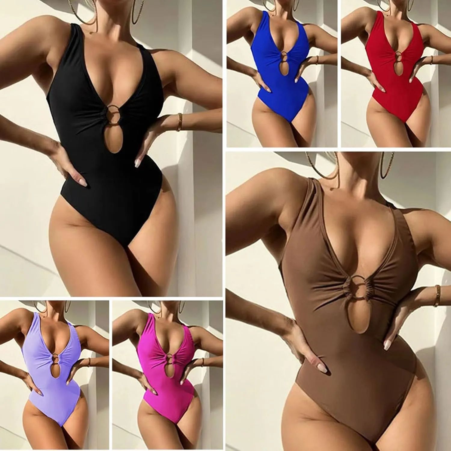 Cheeky One Piece Swimsuits for Women Sexy O Ring V Neck Cutout Bathing Suits Backless High Cut Tummy Control Swimwear