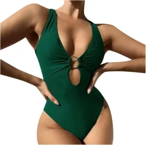 Cheeky One Piece Swimsuits for Women Sexy O Ring V Neck Cutout Bathing Suits Backless High Cut Tummy Control Swimwear