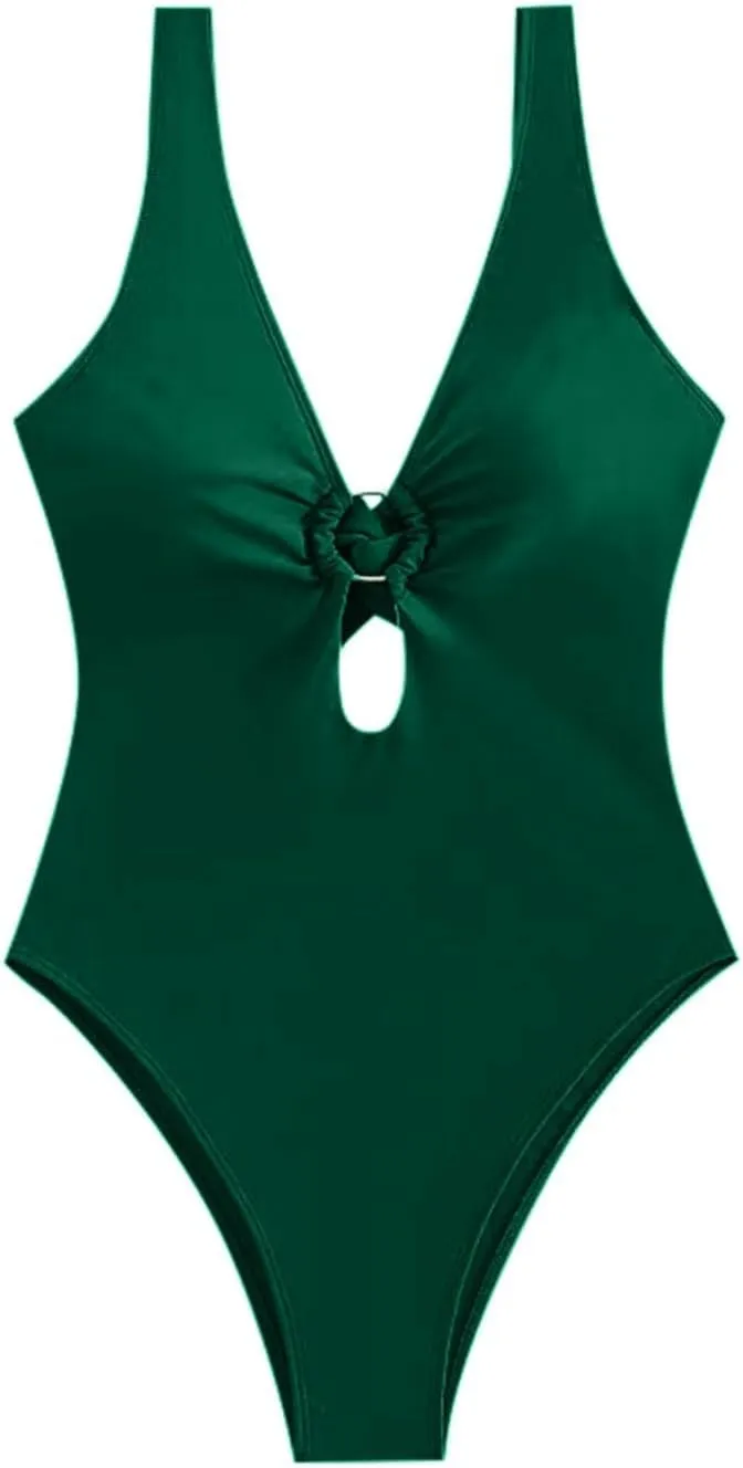 Cheeky One Piece Swimsuits for Women Sexy O Ring V Neck Cutout Bathing Suits Backless High Cut Tummy Control Swimwear