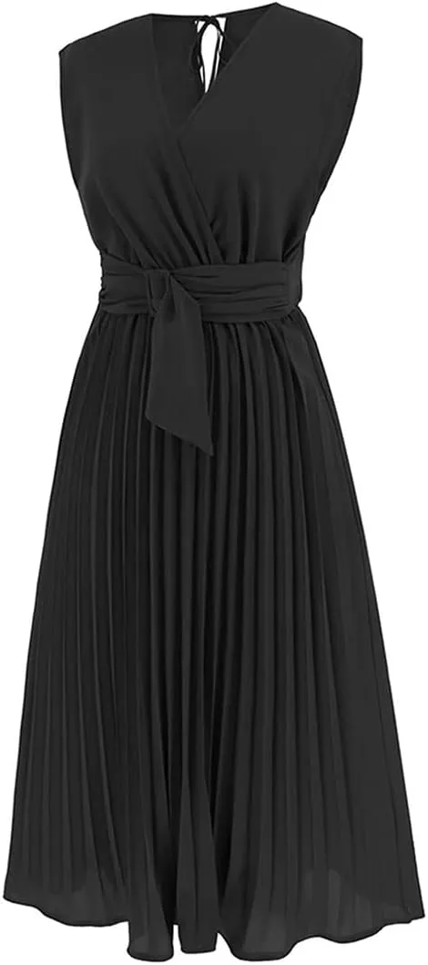 CHICWISH Women's Orange/Green/Black Sash Adorned Pleated Wrap Sleeveless Dress