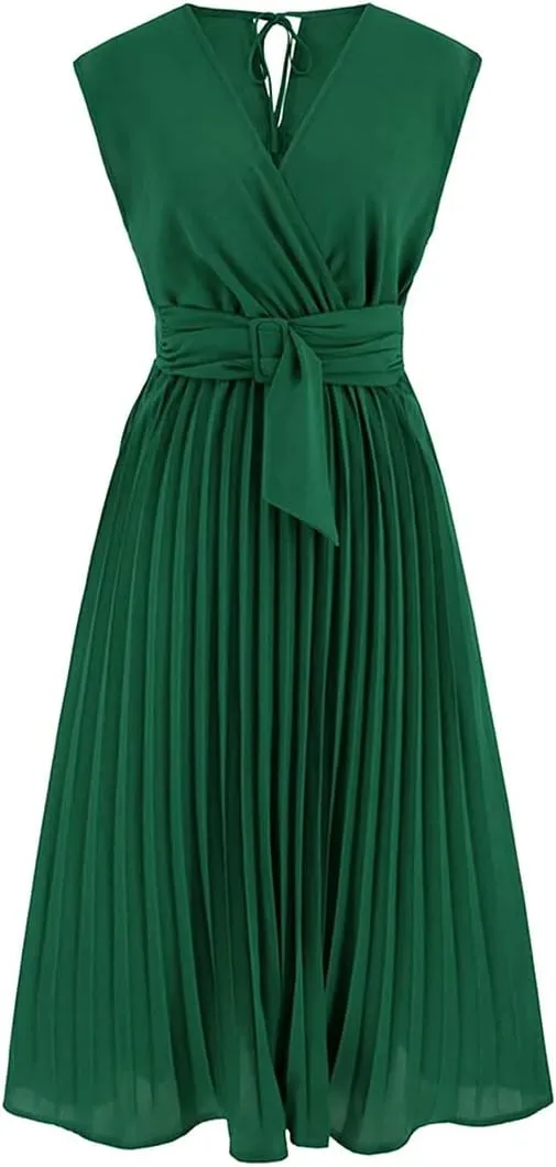 CHICWISH Women's Orange/Green/Black Sash Adorned Pleated Wrap Sleeveless Dress