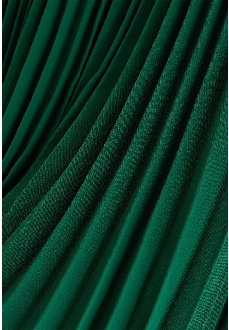 CHICWISH Women's Orange/Green/Black Sash Adorned Pleated Wrap Sleeveless Dress