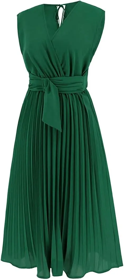 CHICWISH Women's Orange/Green/Black Sash Adorned Pleated Wrap Sleeveless Dress