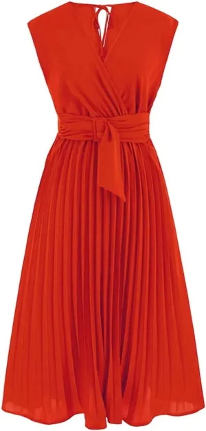 CHICWISH Women's Orange/Green/Black Sash Adorned Pleated Wrap Sleeveless Dress