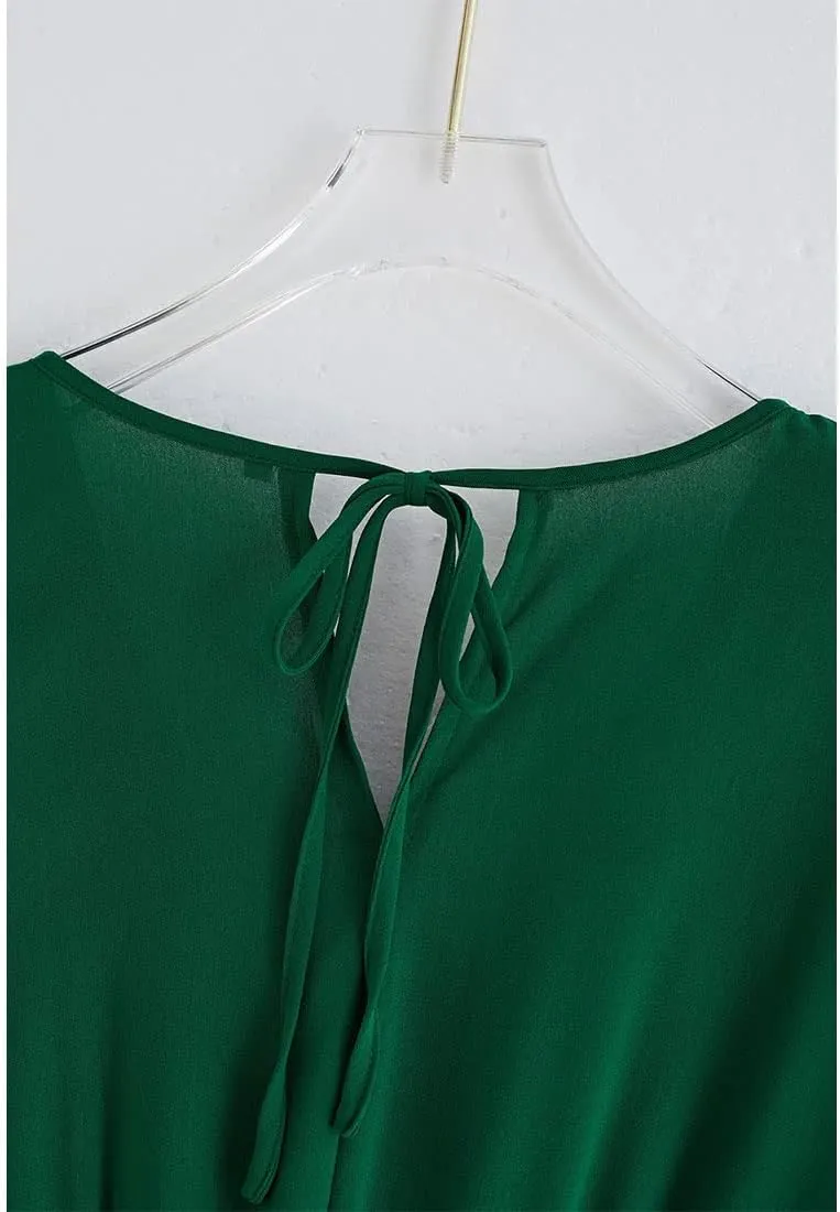 CHICWISH Women's Orange/Green/Black Sash Adorned Pleated Wrap Sleeveless Dress