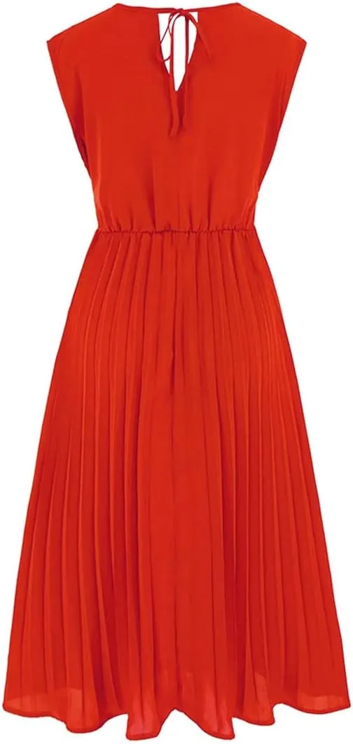 CHICWISH Women's Orange/Green/Black Sash Adorned Pleated Wrap Sleeveless Dress