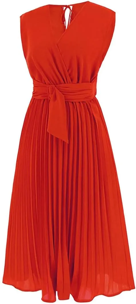CHICWISH Women's Orange/Green/Black Sash Adorned Pleated Wrap Sleeveless Dress