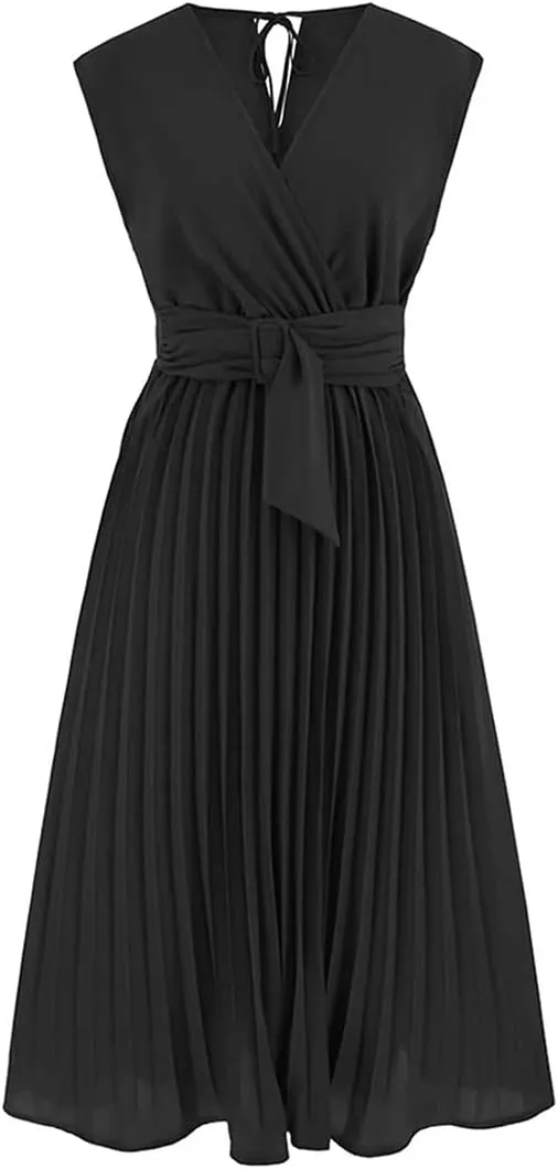 CHICWISH Women's Orange/Green/Black Sash Adorned Pleated Wrap Sleeveless Dress