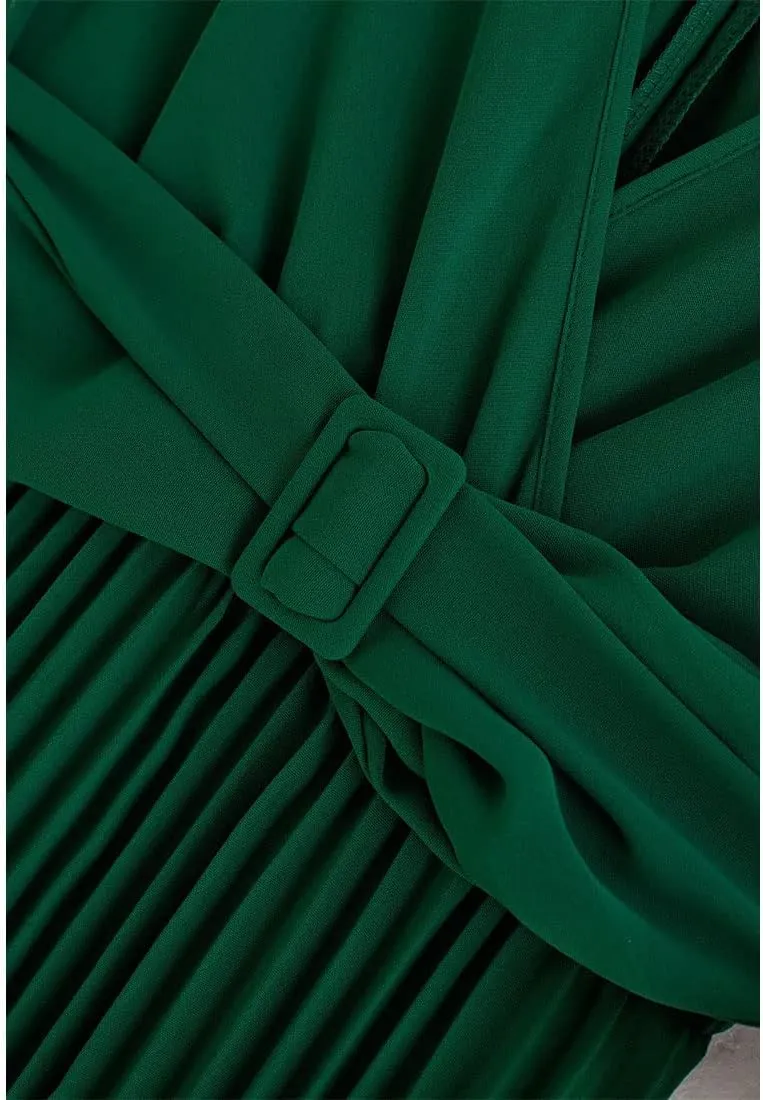 CHICWISH Women's Orange/Green/Black Sash Adorned Pleated Wrap Sleeveless Dress