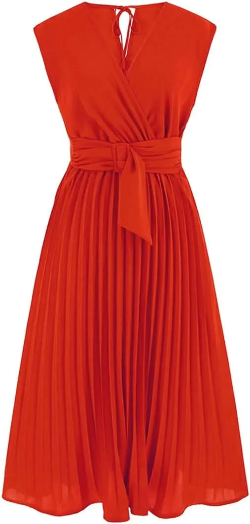 CHICWISH Women's Orange/Green/Black Sash Adorned Pleated Wrap Sleeveless Dress