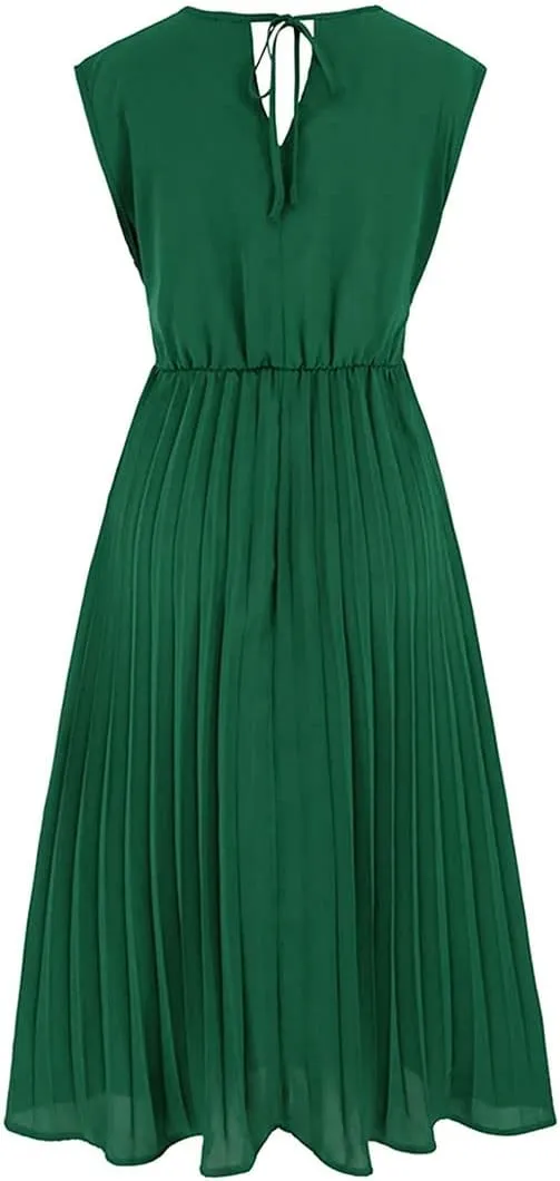 CHICWISH Women's Orange/Green/Black Sash Adorned Pleated Wrap Sleeveless Dress