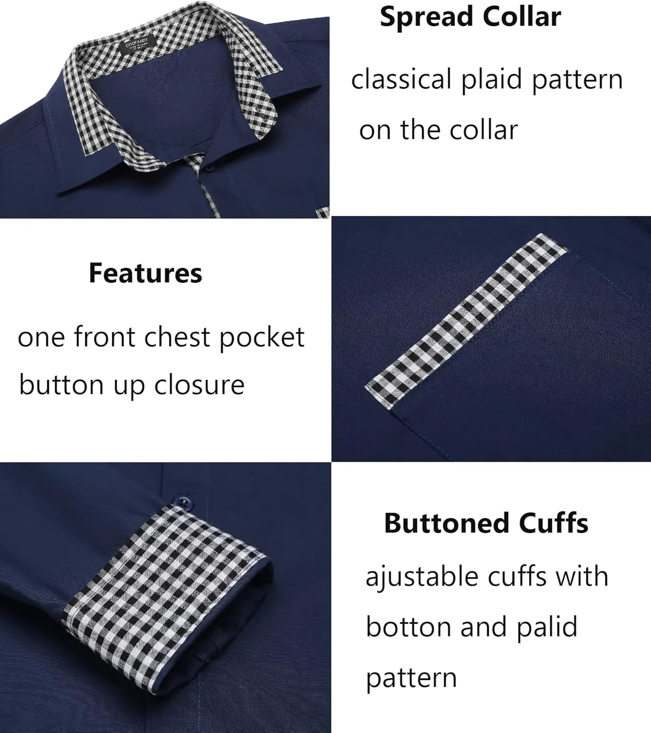 COOFANDY Men's Long Sleeve Dress Shirt Plaid Collar Casual Button Down Shirts