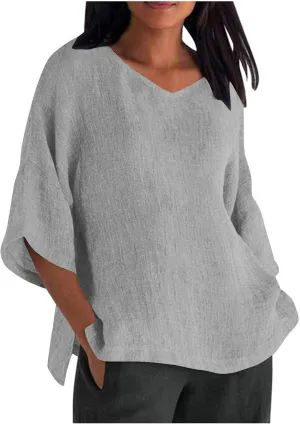 Cotton Linen Tops for Women Plus Size 3/4 Sleeve Casual Summer Blouse T Shirt Fashion Side Split Loose Tunic Shirts