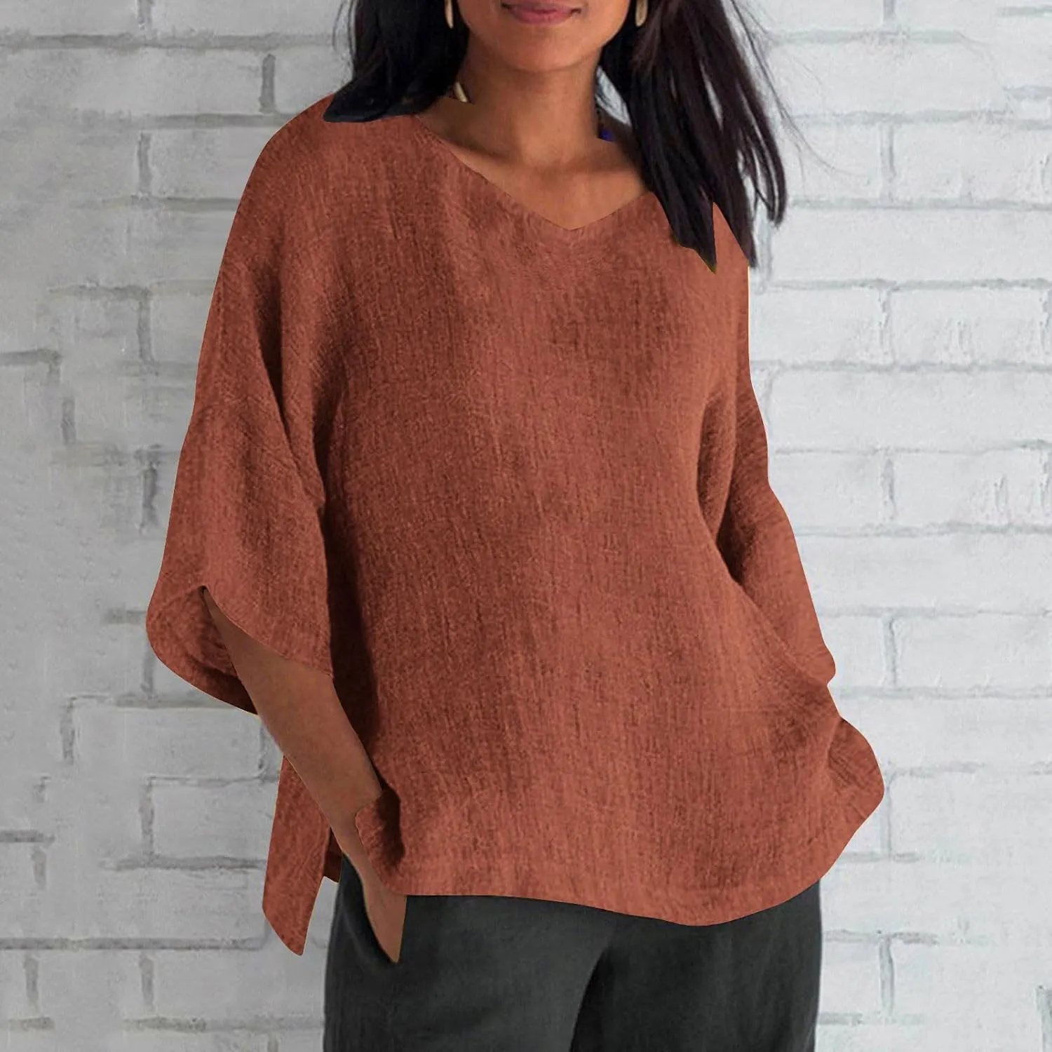 Cotton Linen Tops for Women Plus Size 3/4 Sleeve Casual Summer Blouse T Shirt Fashion Side Split Loose Tunic Shirts