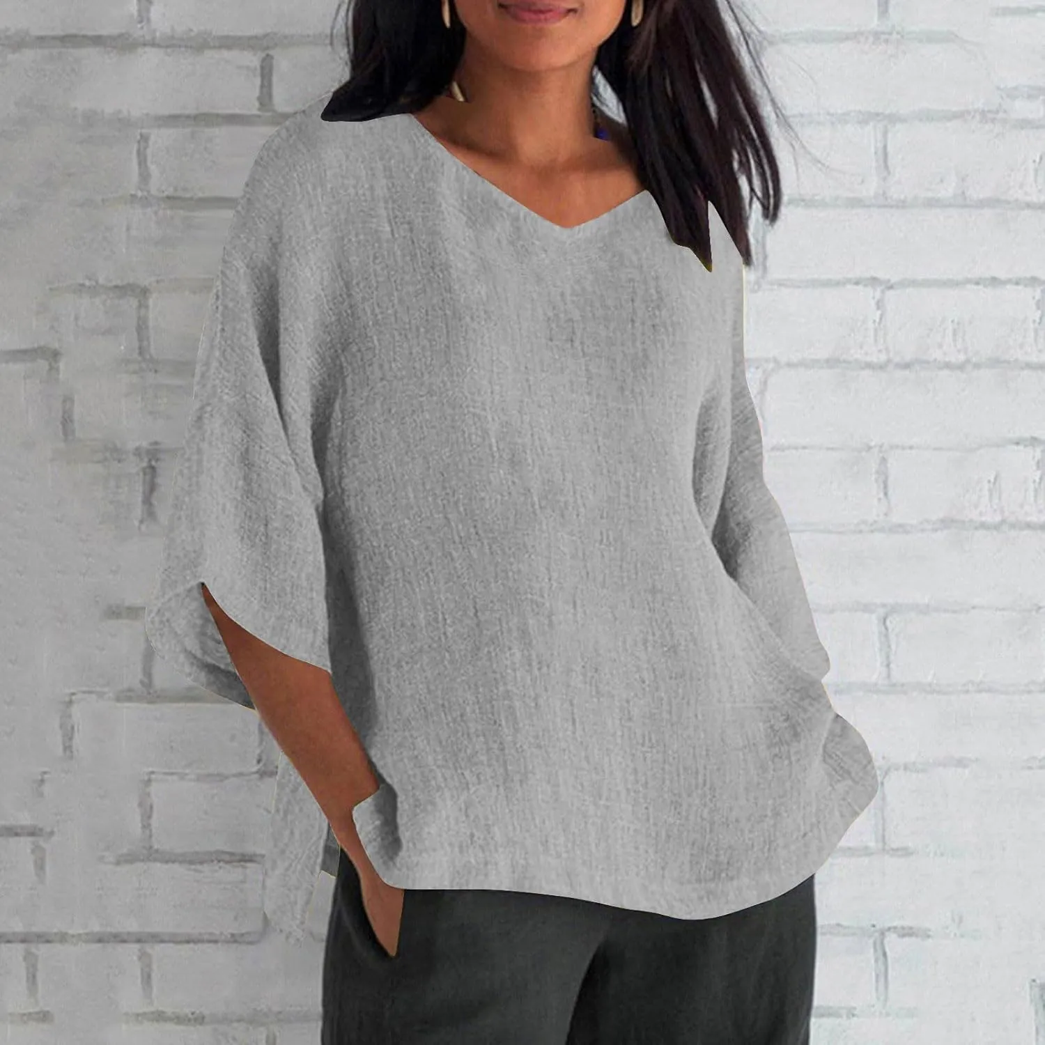 Cotton Linen Tops for Women Plus Size 3/4 Sleeve Casual Summer Blouse T Shirt Fashion Side Split Loose Tunic Shirts