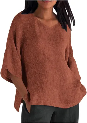Cotton Linen Tops for Women Plus Size 3/4 Sleeve Casual Summer Blouse T Shirt Fashion Side Split Loose Tunic Shirts