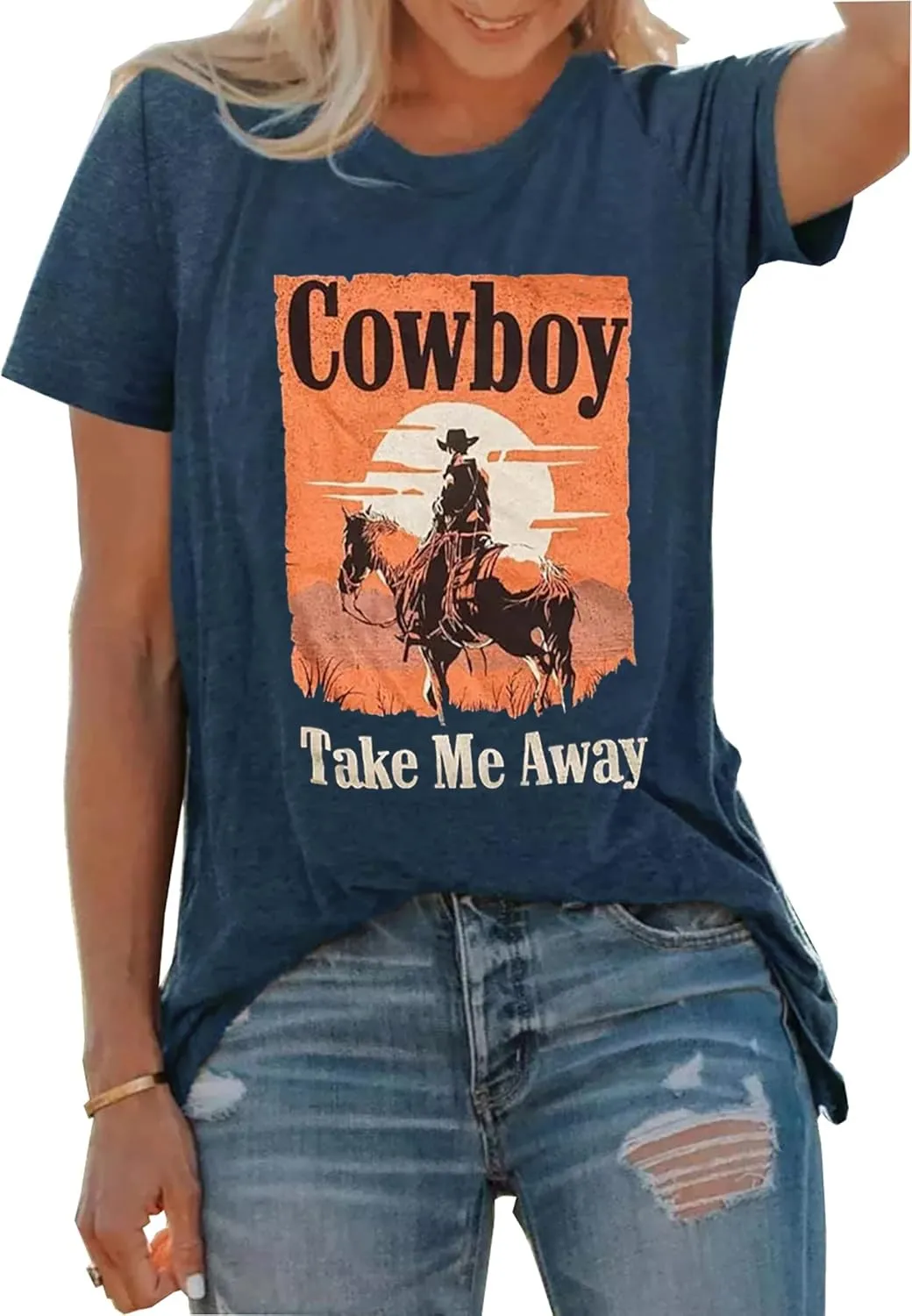 Cowboy Take Me Away T-Shirt for Women Western Cowboy Vintage Graphic Tees Travel Tops Western Aztec Printed T-Shirt