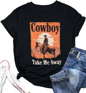 Cowboy Take Me Away T-Shirt for Women Western Cowboy Vintage Graphic Tees Travel Tops Western Aztec Printed T-Shirt