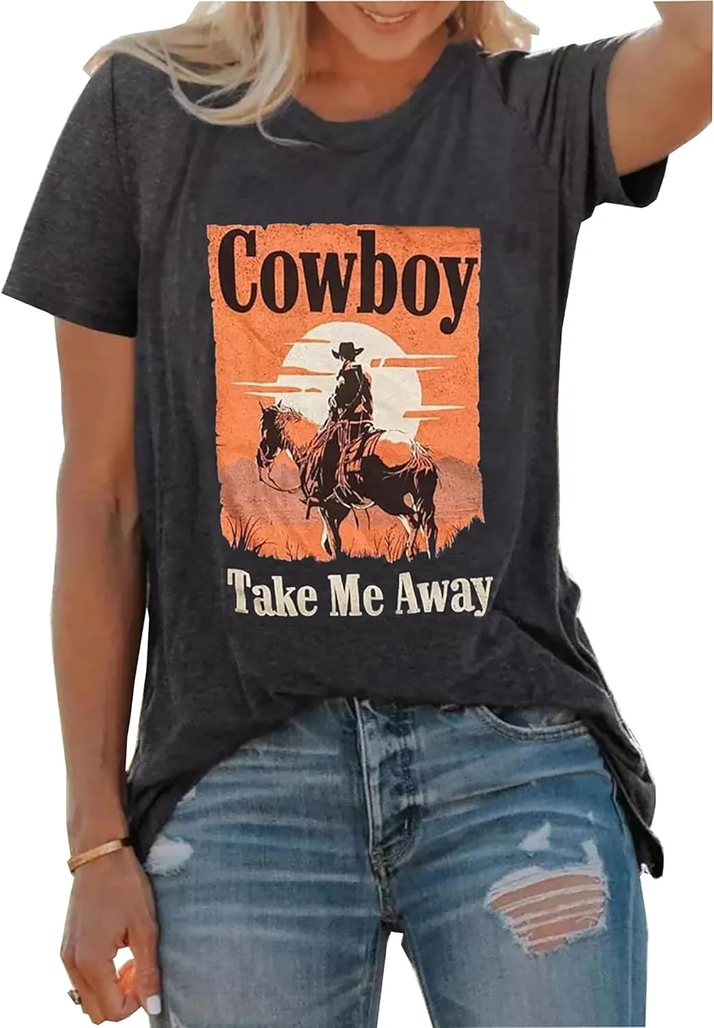 Cowboy Take Me Away T-Shirt for Women Western Cowboy Vintage Graphic Tees Travel Tops Western Aztec Printed T-Shirt