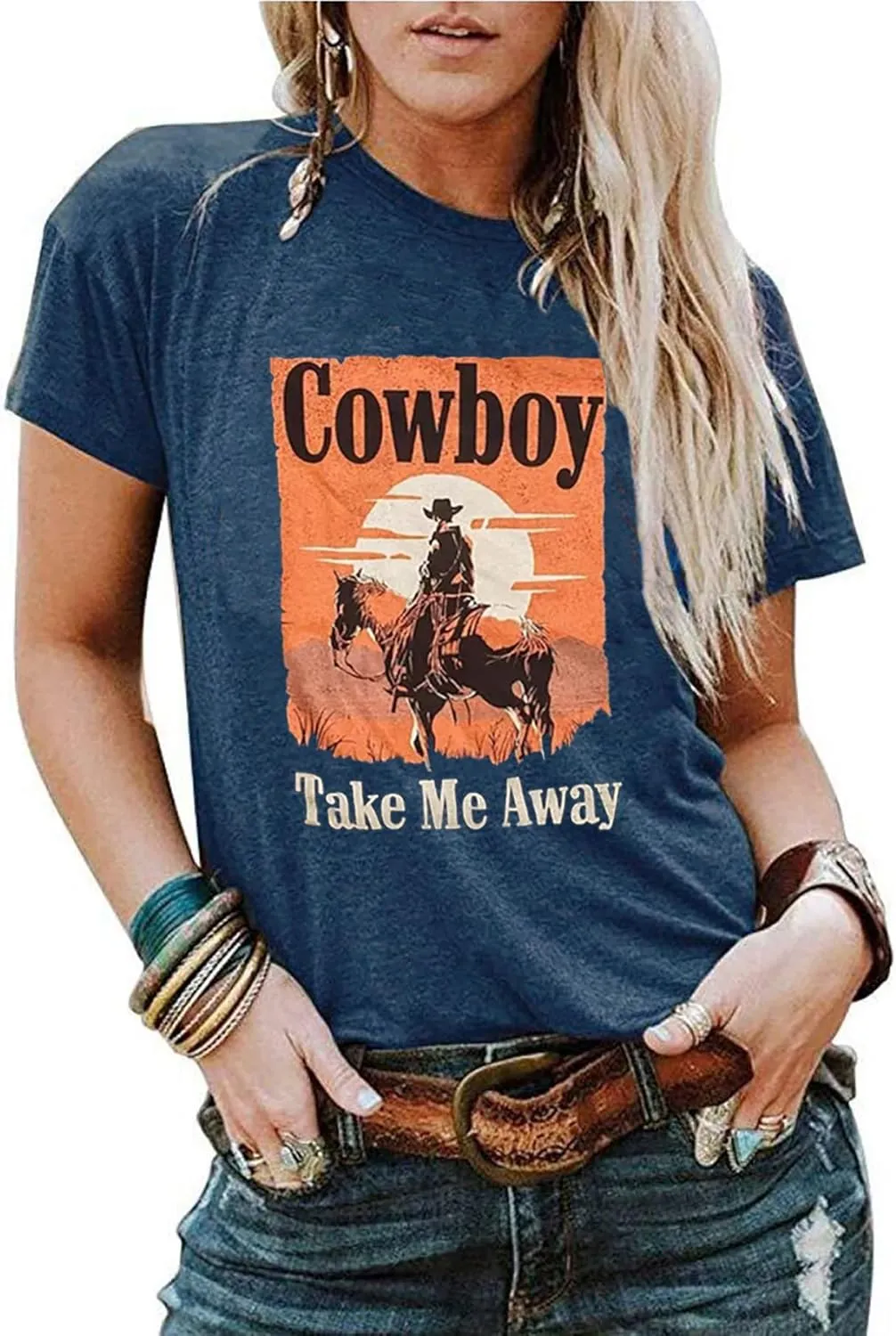 Cowboy Take Me Away T-Shirt for Women Western Cowboy Vintage Graphic Tees Travel Tops Western Aztec Printed T-Shirt