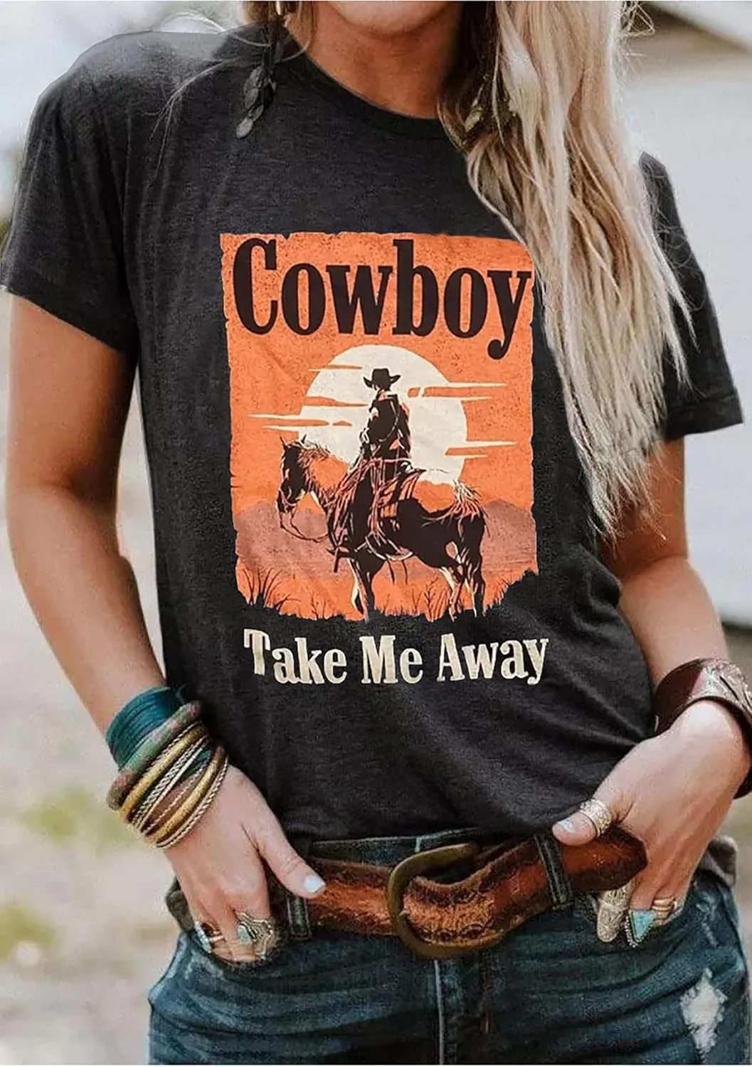Cowboy Take Me Away T-Shirt for Women Western Cowboy Vintage Graphic Tees Travel Tops Western Aztec Printed T-Shirt