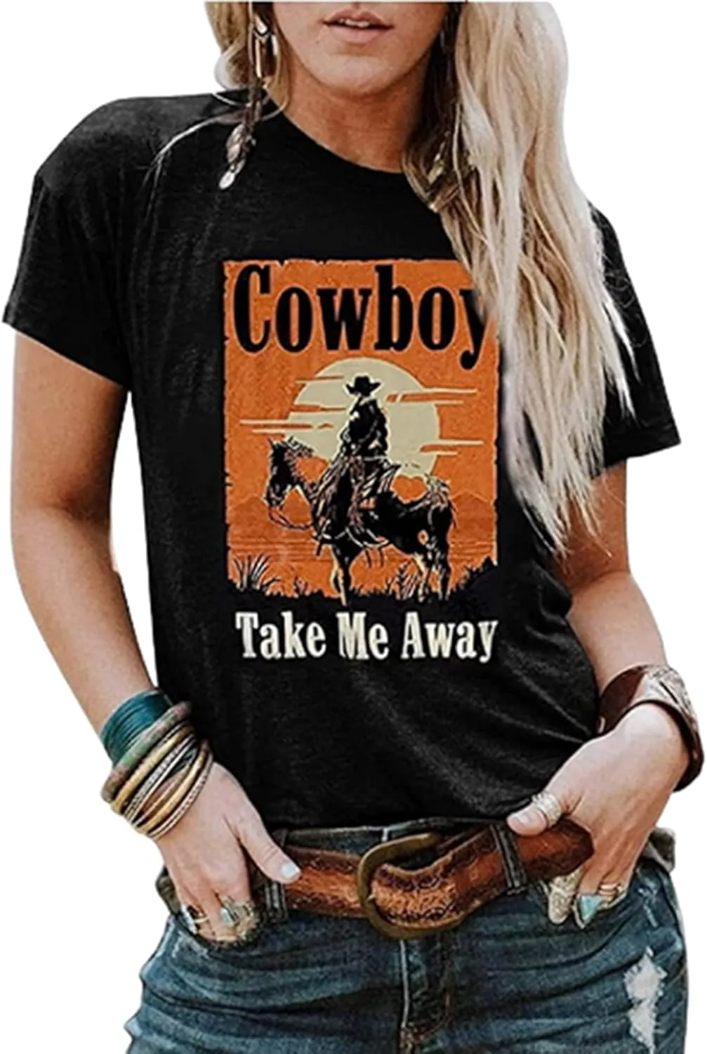 Cowboy Take Me Away T-Shirt for Women Western Cowboy Vintage Graphic Tees Travel Tops Western Aztec Printed T-Shirt