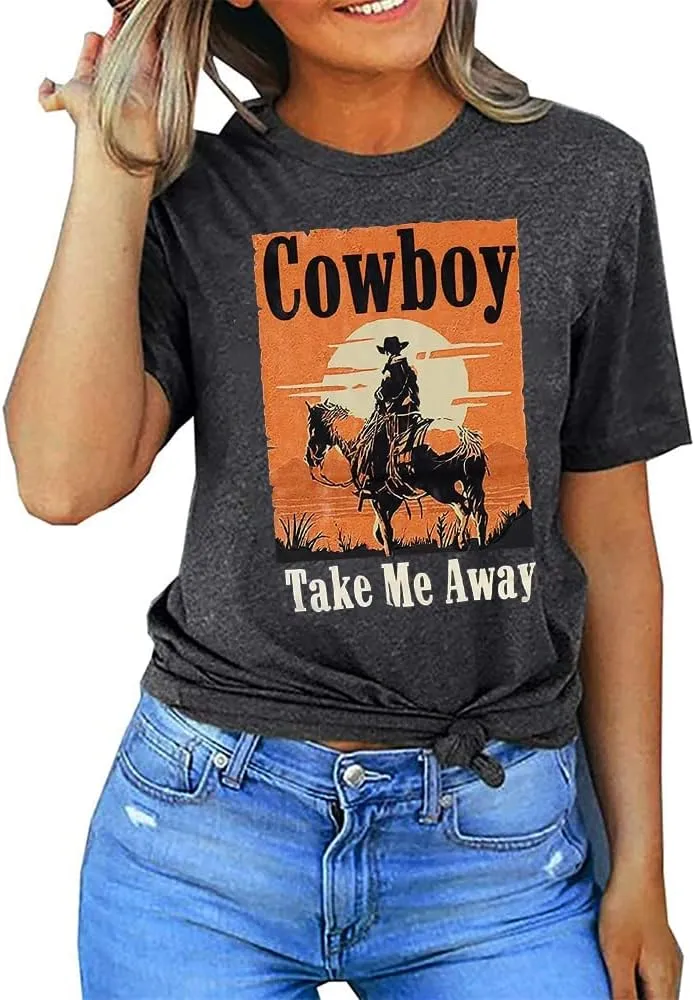 Cowboy Take Me Away T-Shirt for Women Western Cowboy Vintage Graphic Tees Travel Tops Western Aztec Printed T-Shirt
