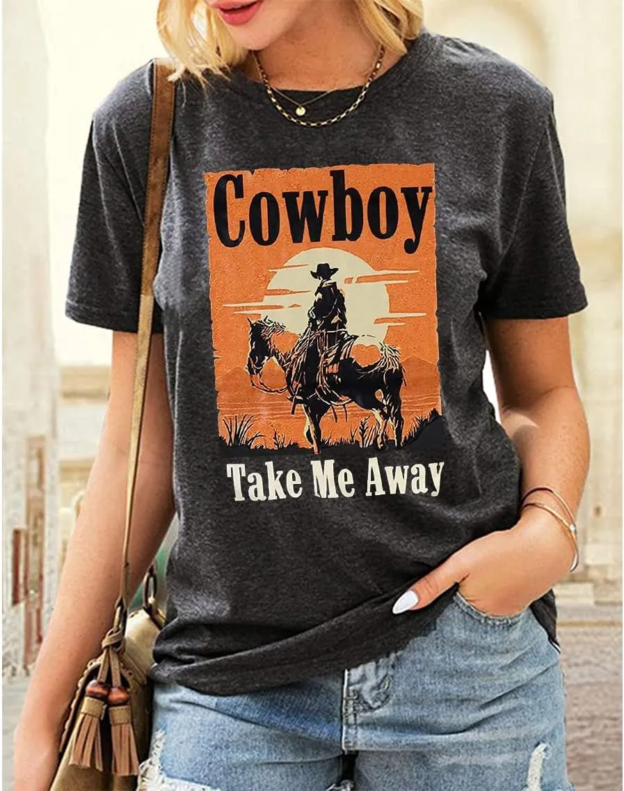 Cowboy Take Me Away T-Shirt for Women Western Cowboy Vintage Graphic Tees Travel Tops Western Aztec Printed T-Shirt