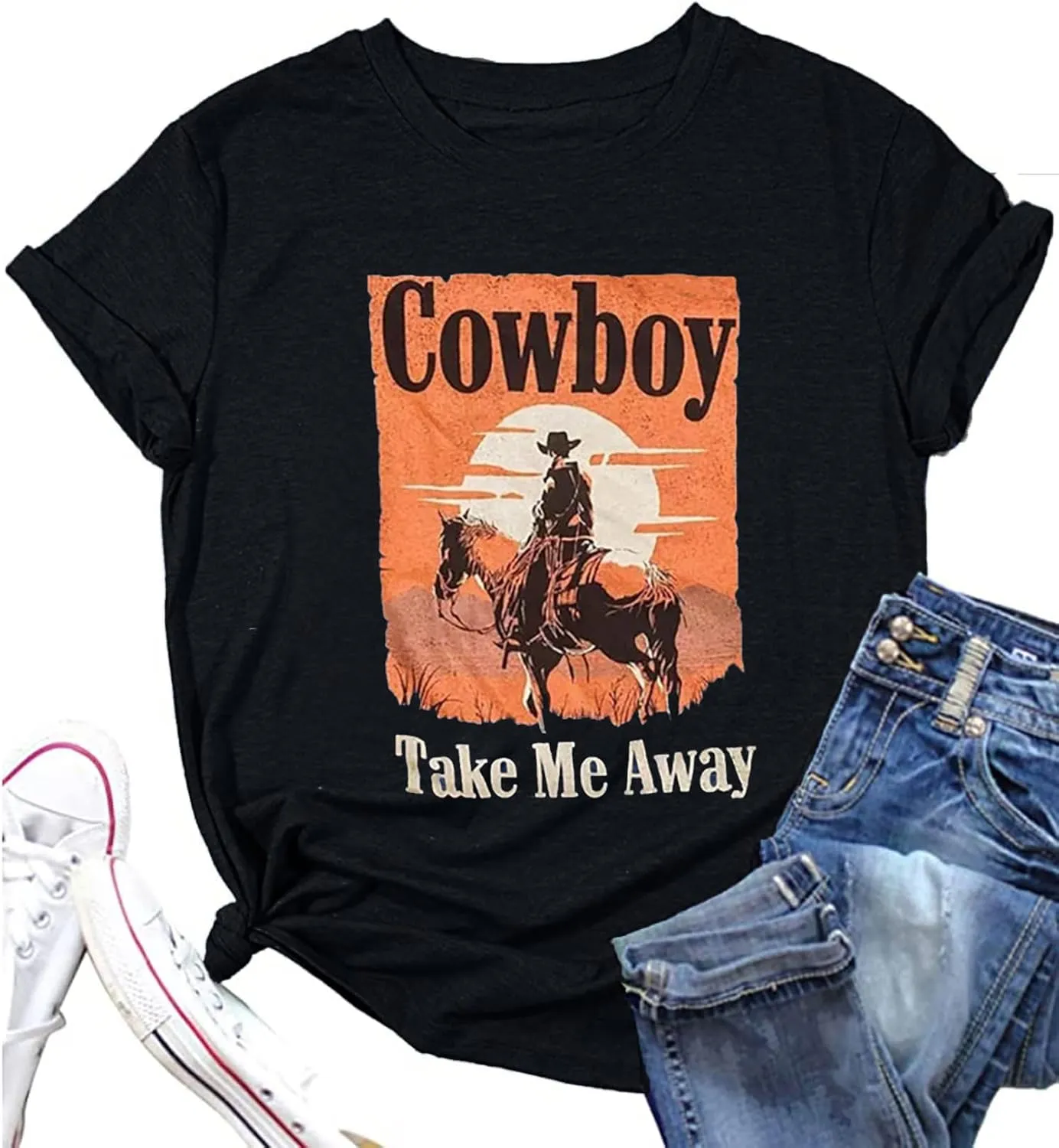 Cowboy Take Me Away T-Shirt for Women Western Cowboy Vintage Graphic Tees Travel Tops Western Aztec Printed T-Shirt