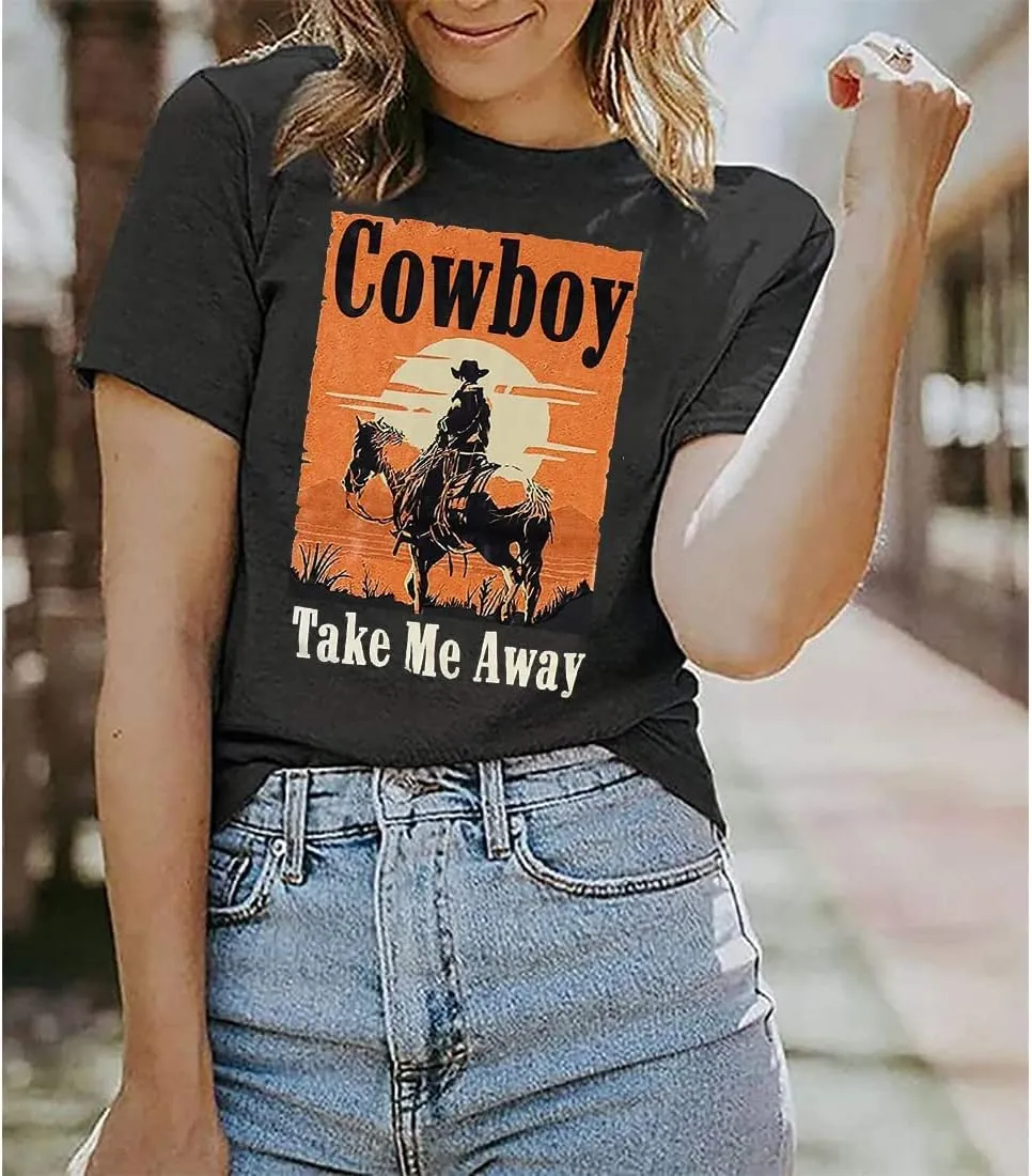 Cowboy Take Me Away T-Shirt for Women Western Cowboy Vintage Graphic Tees Travel Tops Western Aztec Printed T-Shirt
