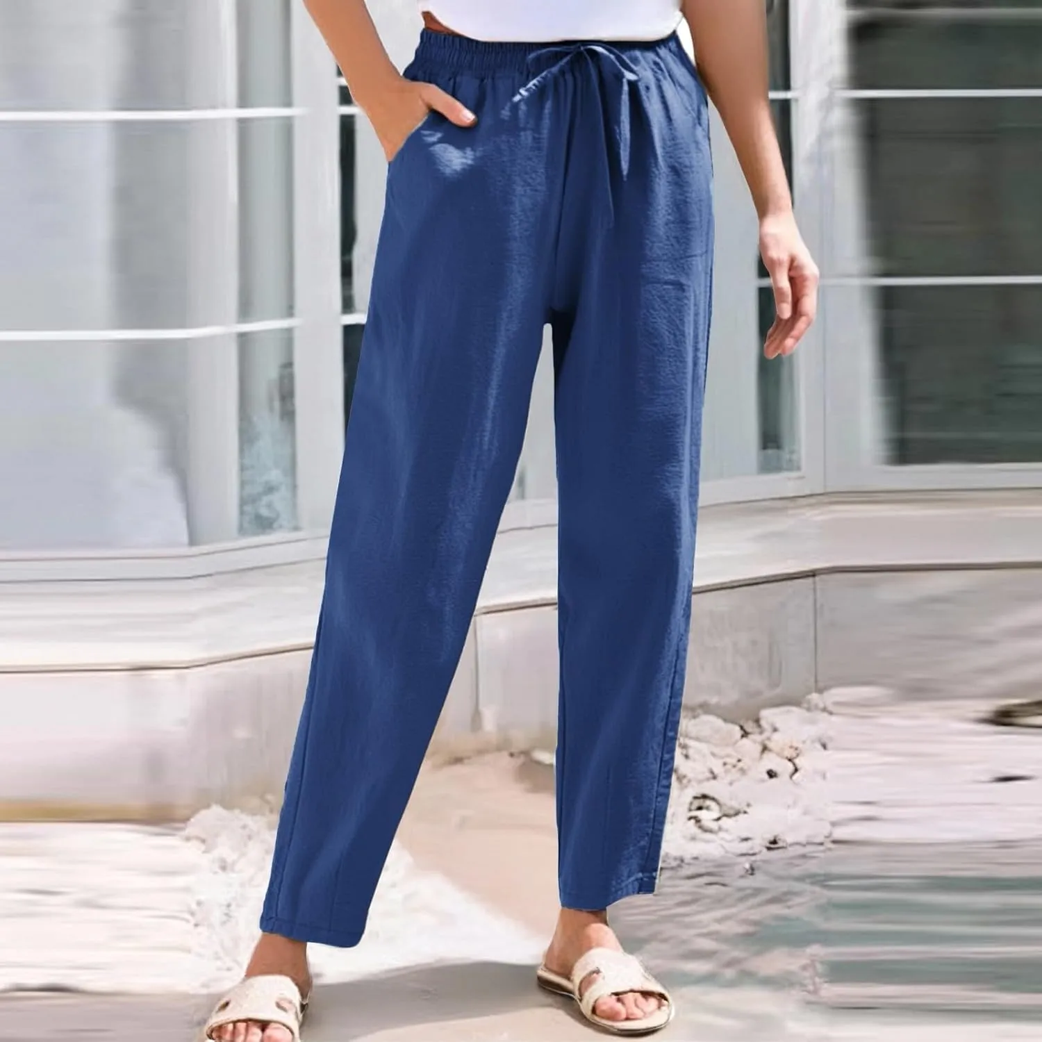 Cropped Linen Pants Women Summer Elastic Drawstring Waist Tapered Straight Leg Crop Pants Casual Beach Ankle Trousers
