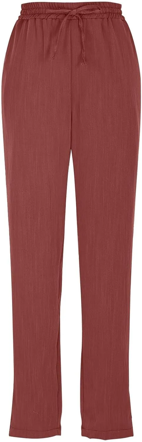 Cropped Linen Pants Women Summer Elastic Drawstring Waist Tapered Straight Leg Crop Pants Casual Beach Ankle Trousers