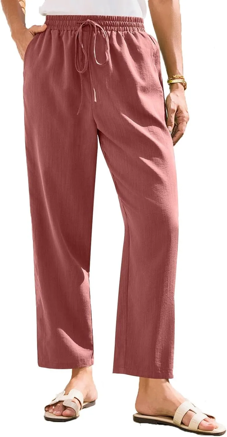 Cropped Linen Pants Women Summer Elastic Drawstring Waist Tapered Straight Leg Crop Pants Casual Beach Ankle Trousers