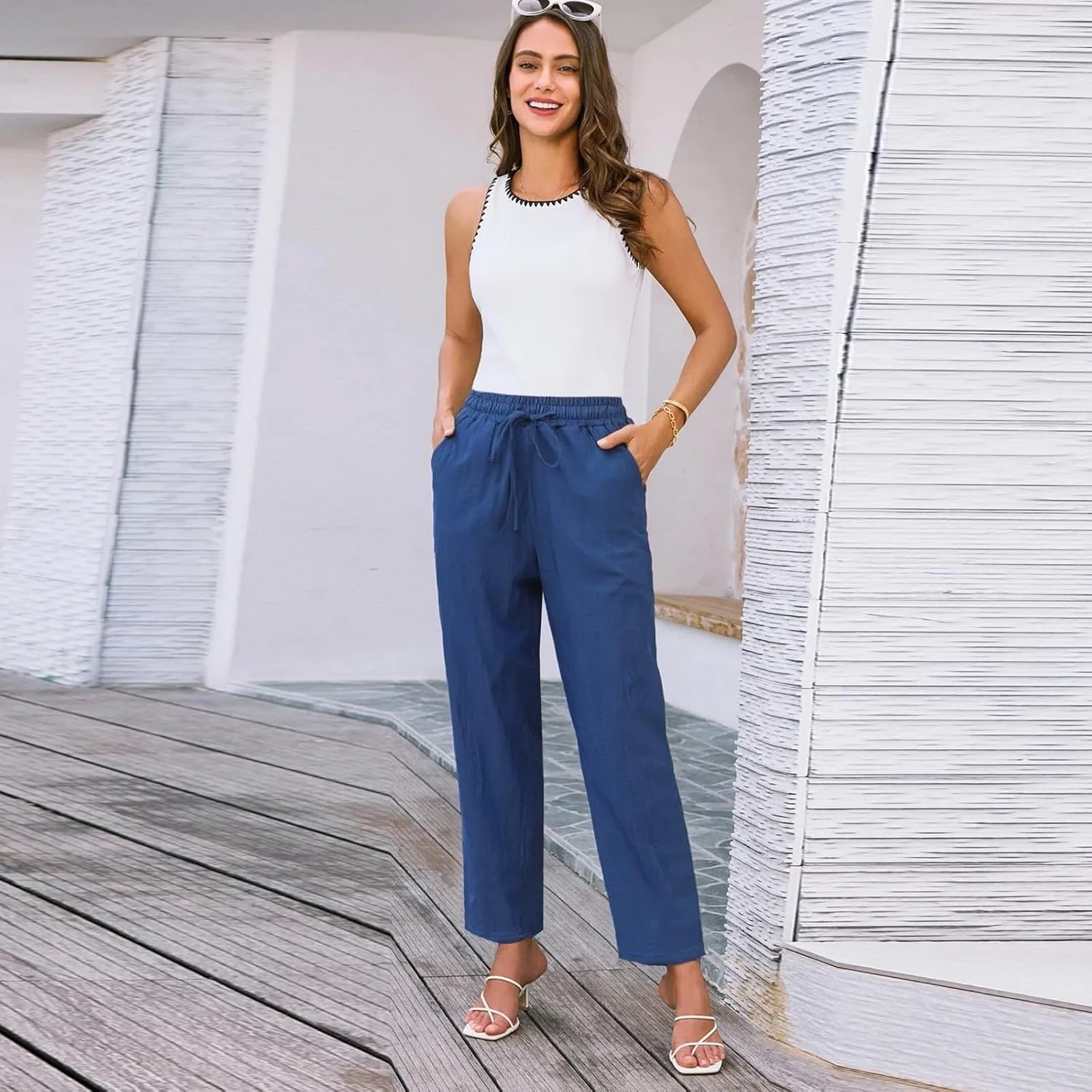 Cropped Linen Pants Women Summer Elastic Drawstring Waist Tapered Straight Leg Crop Pants Casual Beach Ankle Trousers