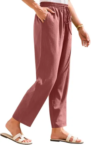 Cropped Linen Pants Women Summer Elastic Drawstring Waist Tapered Straight Leg Crop Pants Casual Beach Ankle Trousers