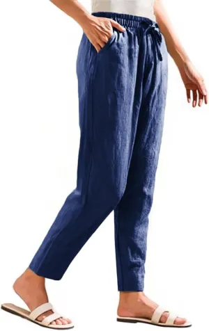 Cropped Linen Pants Women Summer Elastic Drawstring Waist Tapered Straight Leg Crop Pants Casual Beach Ankle Trousers