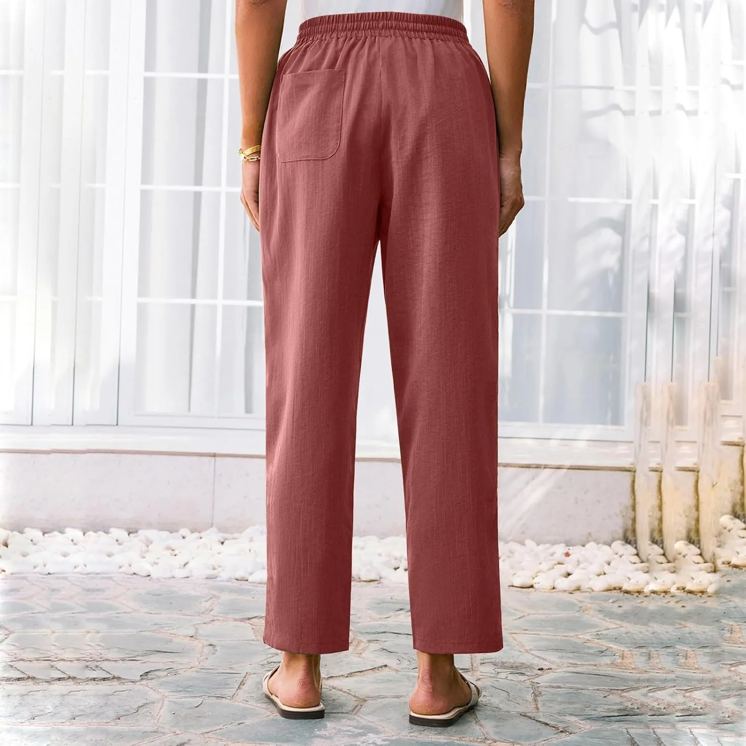 Cropped Linen Pants Women Summer Elastic Drawstring Waist Tapered Straight Leg Crop Pants Casual Beach Ankle Trousers