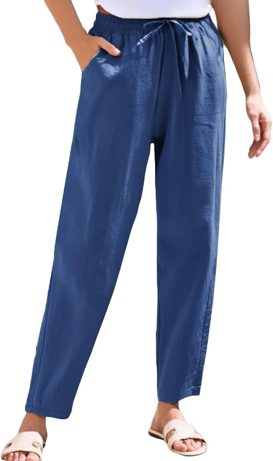 Cropped Linen Pants Women Summer Elastic Drawstring Waist Tapered Straight Leg Crop Pants Casual Beach Ankle Trousers