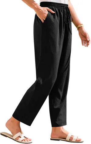 Cropped Linen Pants Women Summer Elastic Drawstring Waist Tapered Straight Leg Crop Pants Casual Beach Ankle Trousers